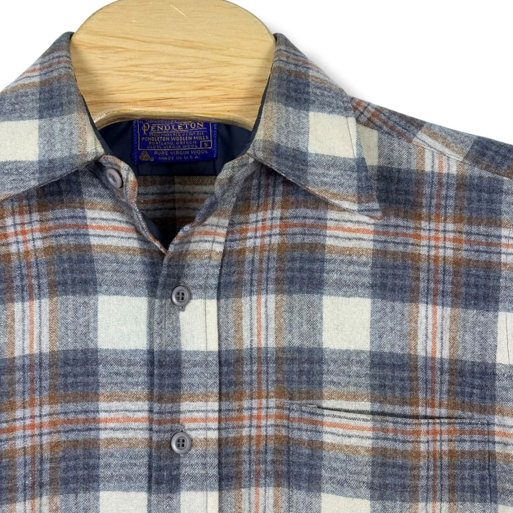 Vintage Pendleton Button Up‎ Shirt Mens S Gray Orange Plaid Virgin Wool USA Made